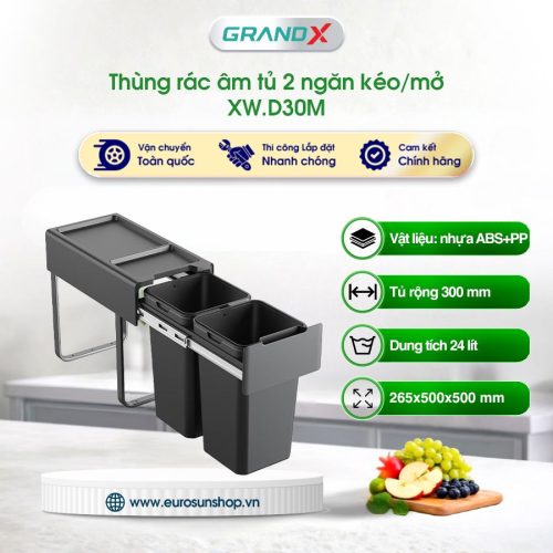 Thùng rác đôi gắn cánh kéo âm tủ GrandX XW.D30M
