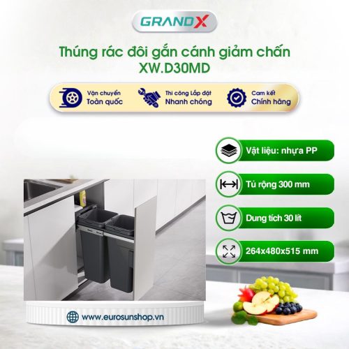 Thùng rác đôi gắn cánh kéo âm tủ GrandX XW.D30MD